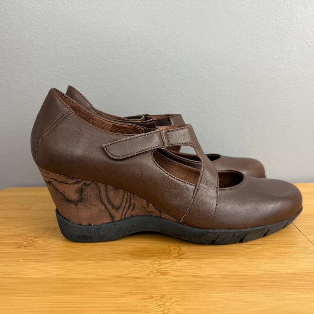 Sanita Danish Design Brown Leather Mary Jane Wedge Clogs EU 41 US 10